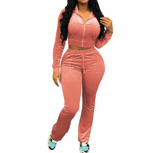 PINSV Women 2PC Velour Tracksuit Set Pink XXL Zip Hoodie & Bootcut Pants