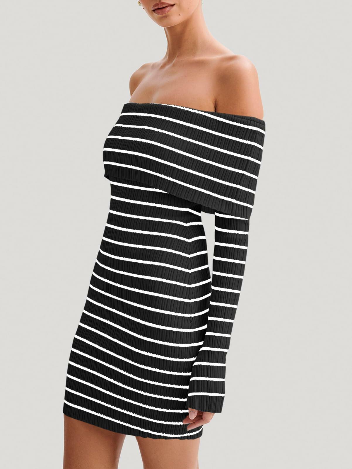 Wenrine Womens Off Shoulder Striped Knit Mini Dress Black Long Sleeve Casual