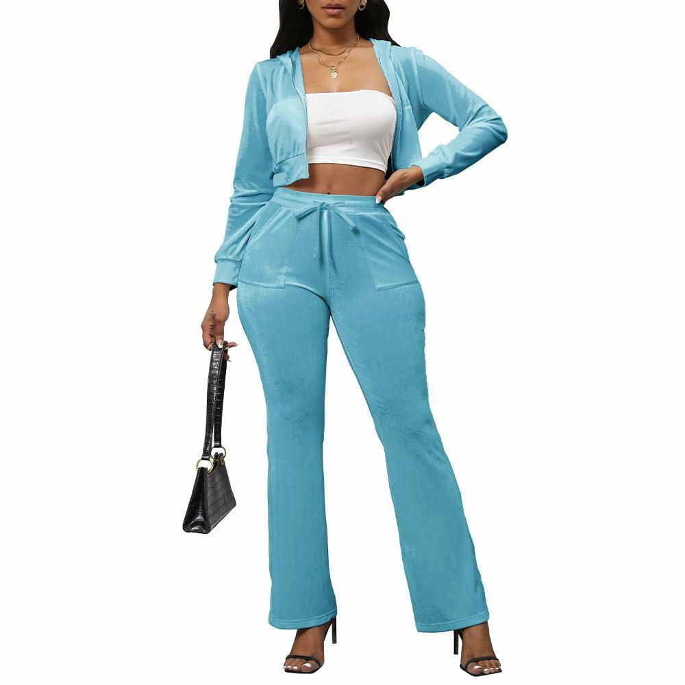 PINSV Women 2PC Velour Tracksuit Set Light Blue Zip Up Crop Top S