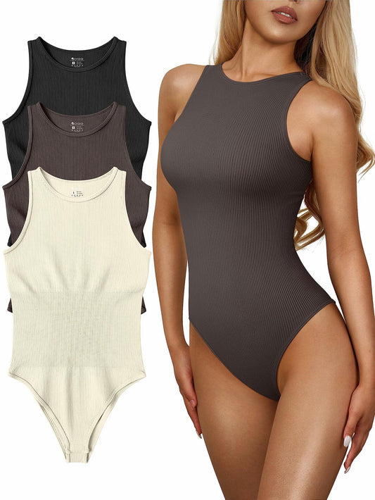 OQQ Women's 3 Pc Ribbed Halter Neck Bodysuits Black Beige Size S