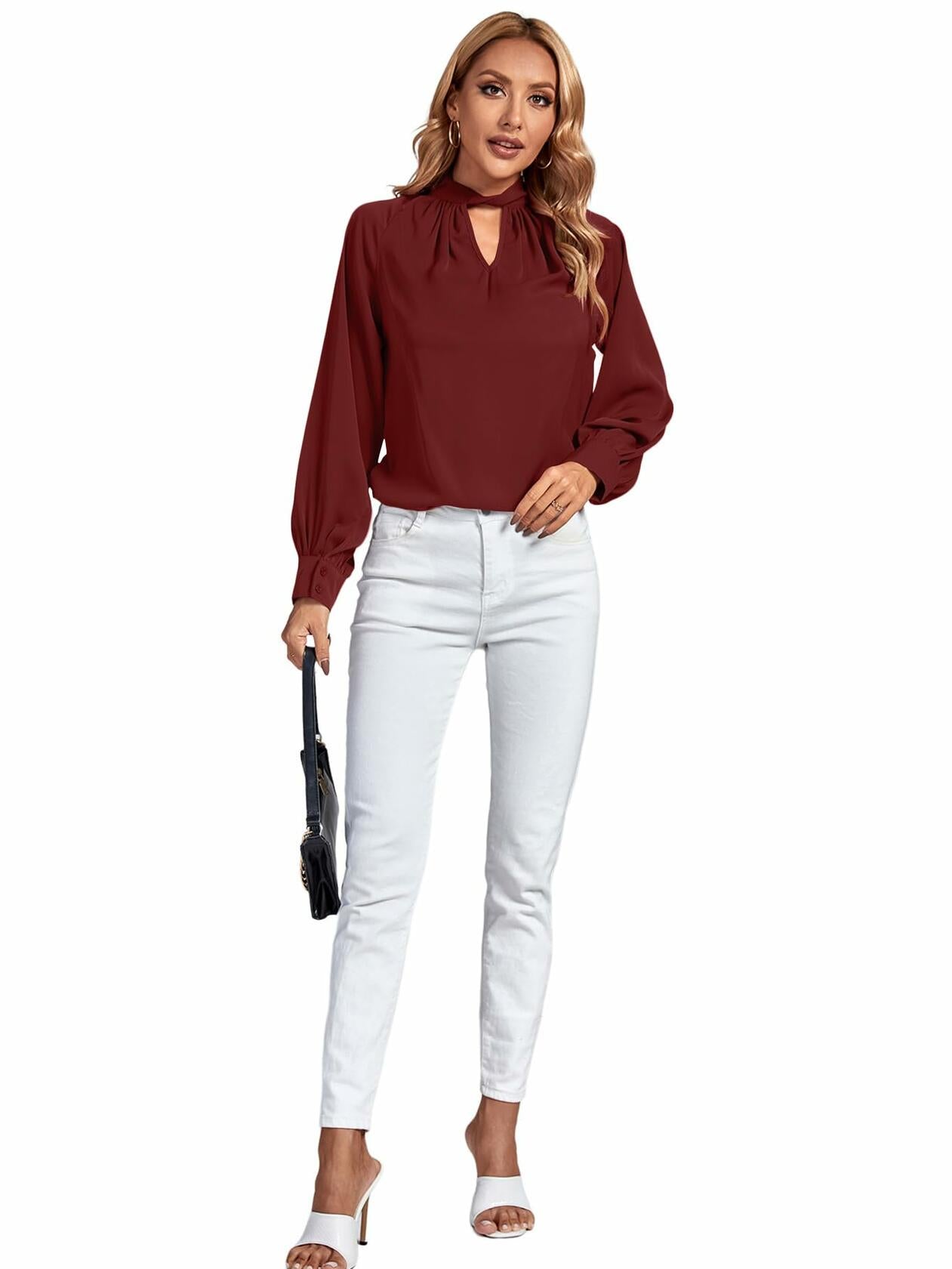 LYANER Women's Burgundy Twist Hollow Out Long Sleeve Office Blouse Medium