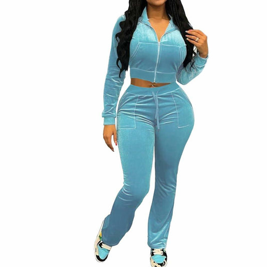 PINSV Women 2PC Velour Tracksuit Set Light Blue Zip Up Crop Top S