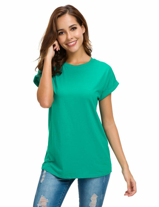 MSHING Women's Simple Crew Neck Loose T-Shirt Lake Green Size L