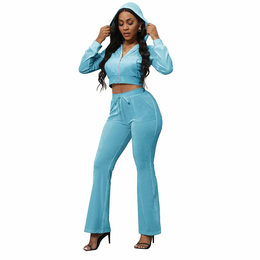 PINSV Women 2PC Velour Tracksuit Set Light Blue Zip Up Crop Top S