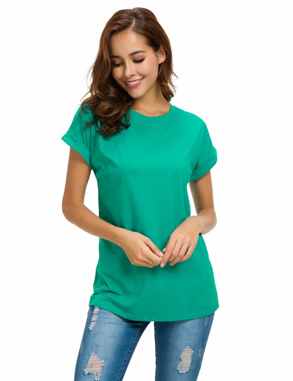 MSHING Women's Simple Crew Neck Loose T-Shirt Lake Green Size L