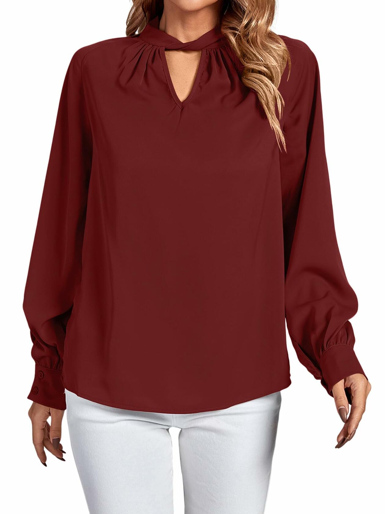 LYANER Women's Burgundy Twist Hollow Out Long Sleeve Office Blouse Medium