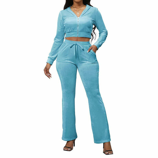 PINSV Women 2PC Velour Tracksuit Set Light Blue Zip Up Crop Top S
