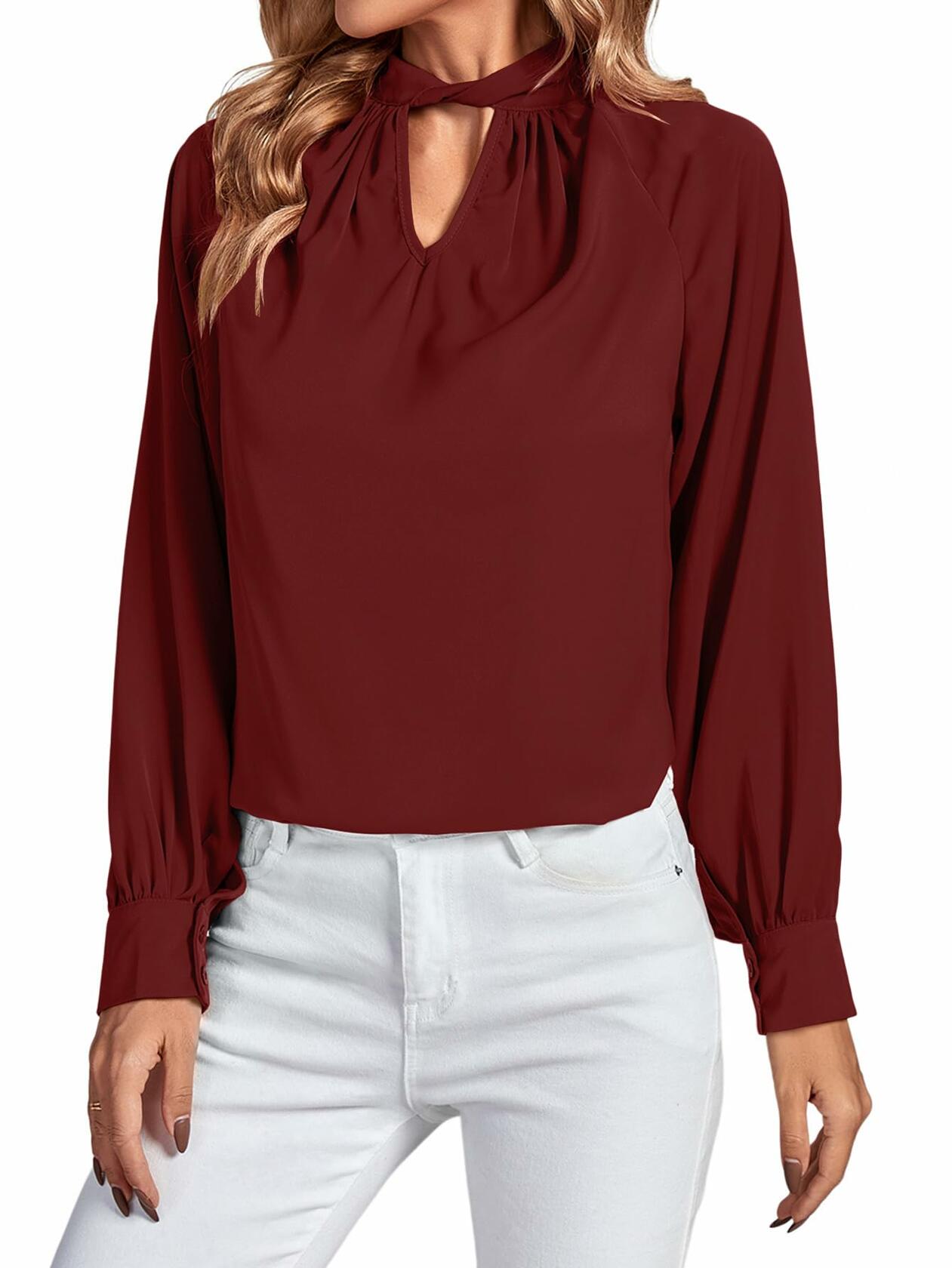 LYANER Women's Burgundy Twist Hollow Out Long Sleeve Office Blouse Medium