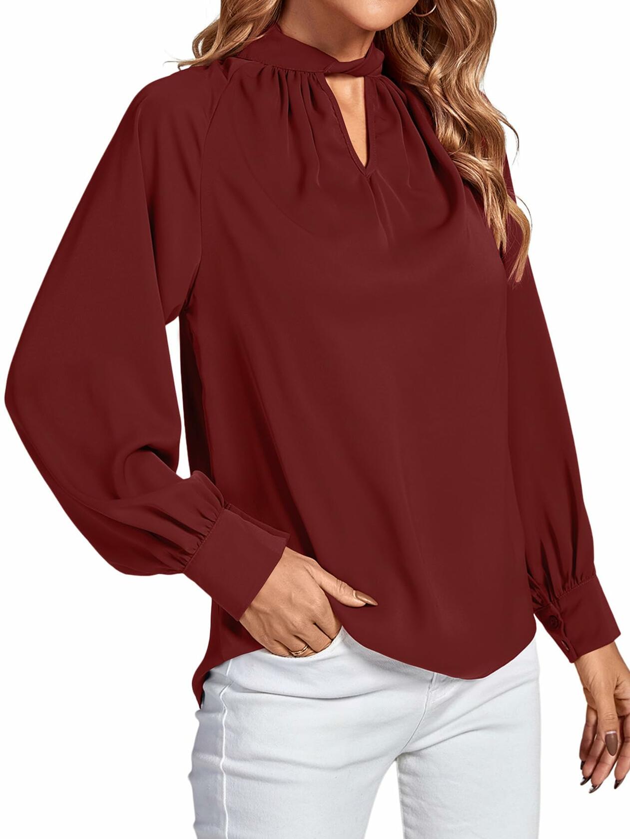 LYANER Women's Burgundy Twist Hollow Out Long Sleeve Office Blouse Medium