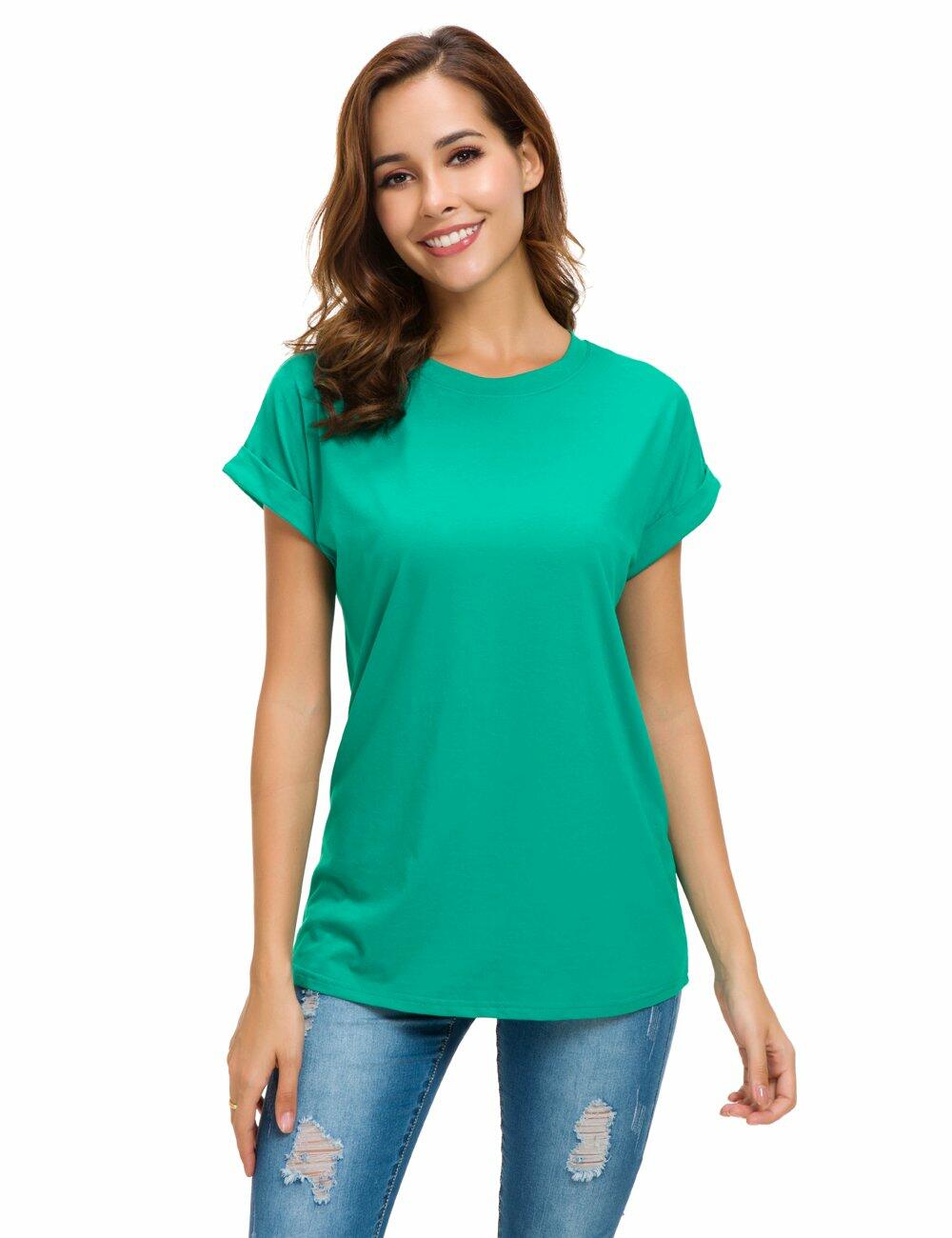MSHING Women's Simple Crew Neck Loose T-Shirt Lake Green Size L