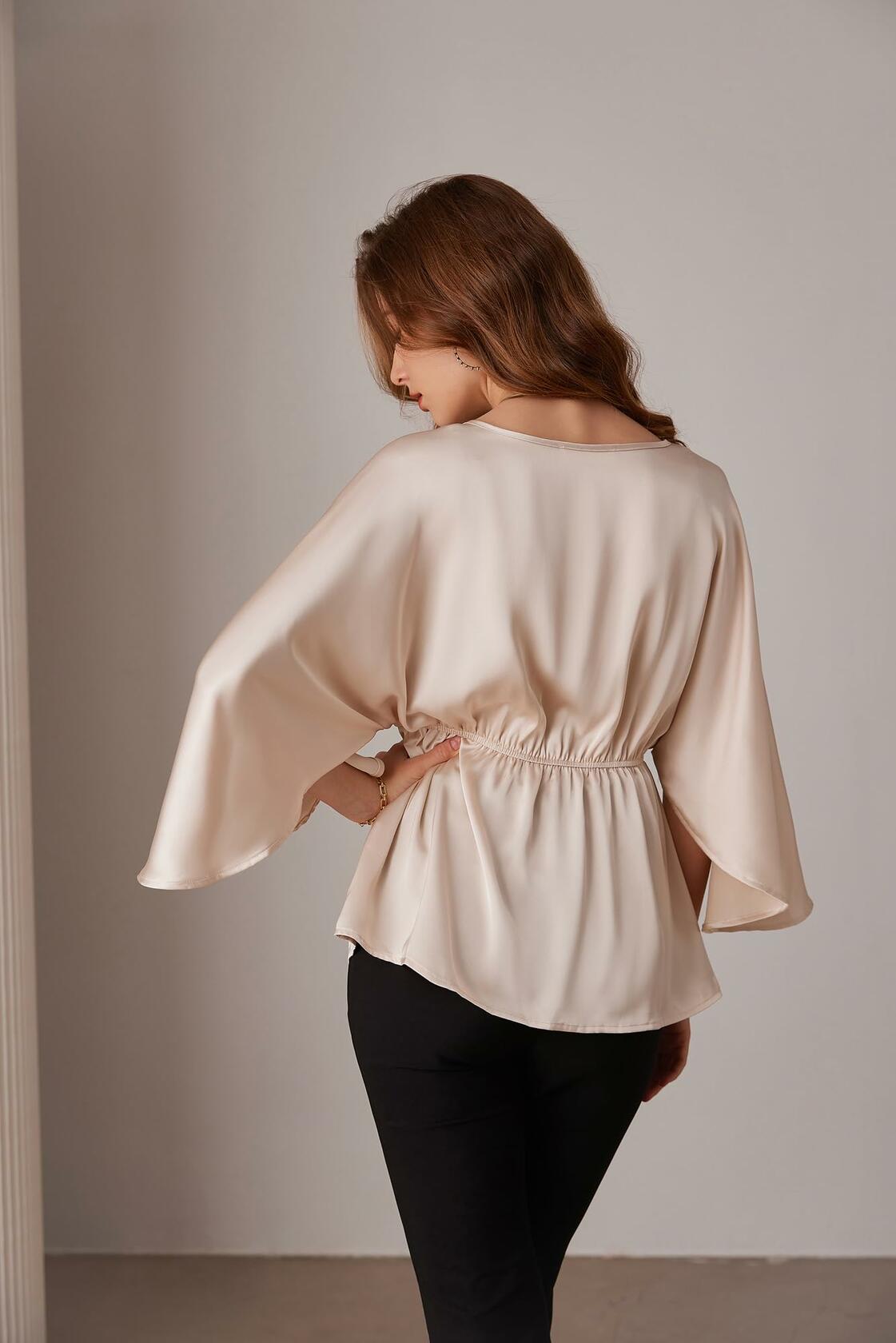 GRACE KARIN Beige 3/4 Sleeve Ruffled Blouse V Neck Work Shirt Size M