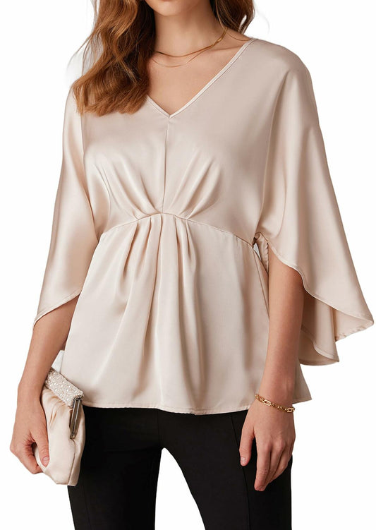 GRACE KARIN Beige 3/4 Sleeve Ruffled Blouse V Neck Work Shirt Size M