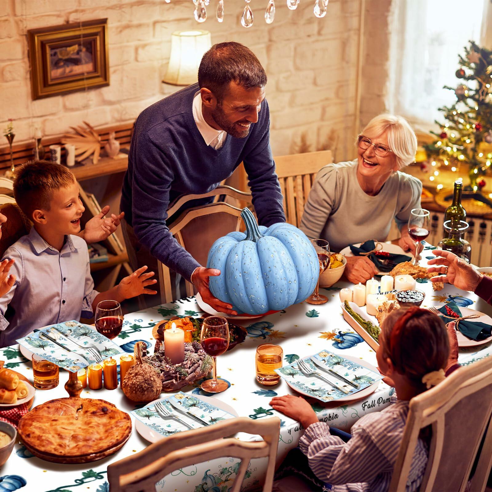 3 Pc Blue Fall Thanksgiving Tablecloth Set 54x108in + 60 Napkins Disposable