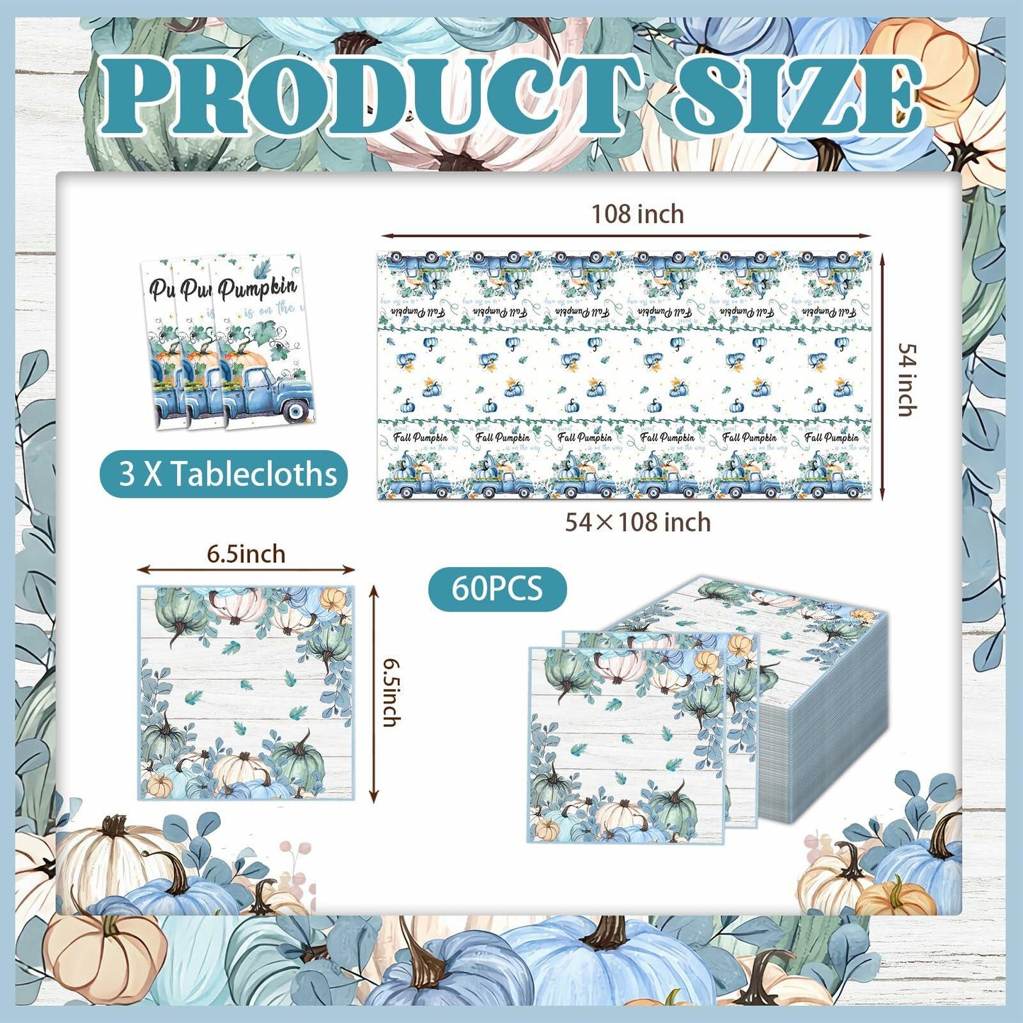 3 Pc Blue Fall Thanksgiving Tablecloth Set 54x108in + 60 Napkins Disposable