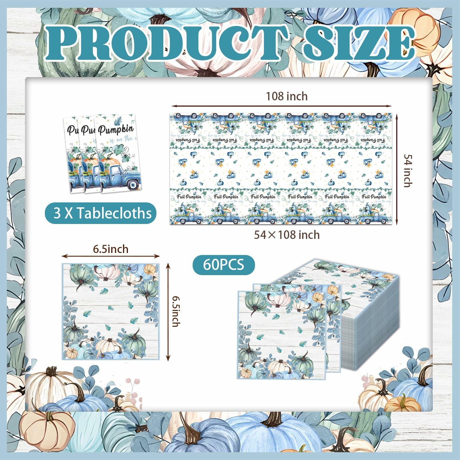 3 Pc Blue Fall Thanksgiving Tablecloth Set 54x108in + 60 Napkins Disposable