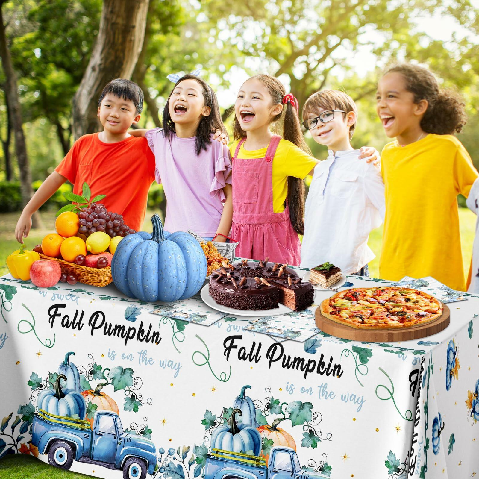 3 Pc Blue Fall Thanksgiving Tablecloth Set 54x108in + 60 Napkins Disposable