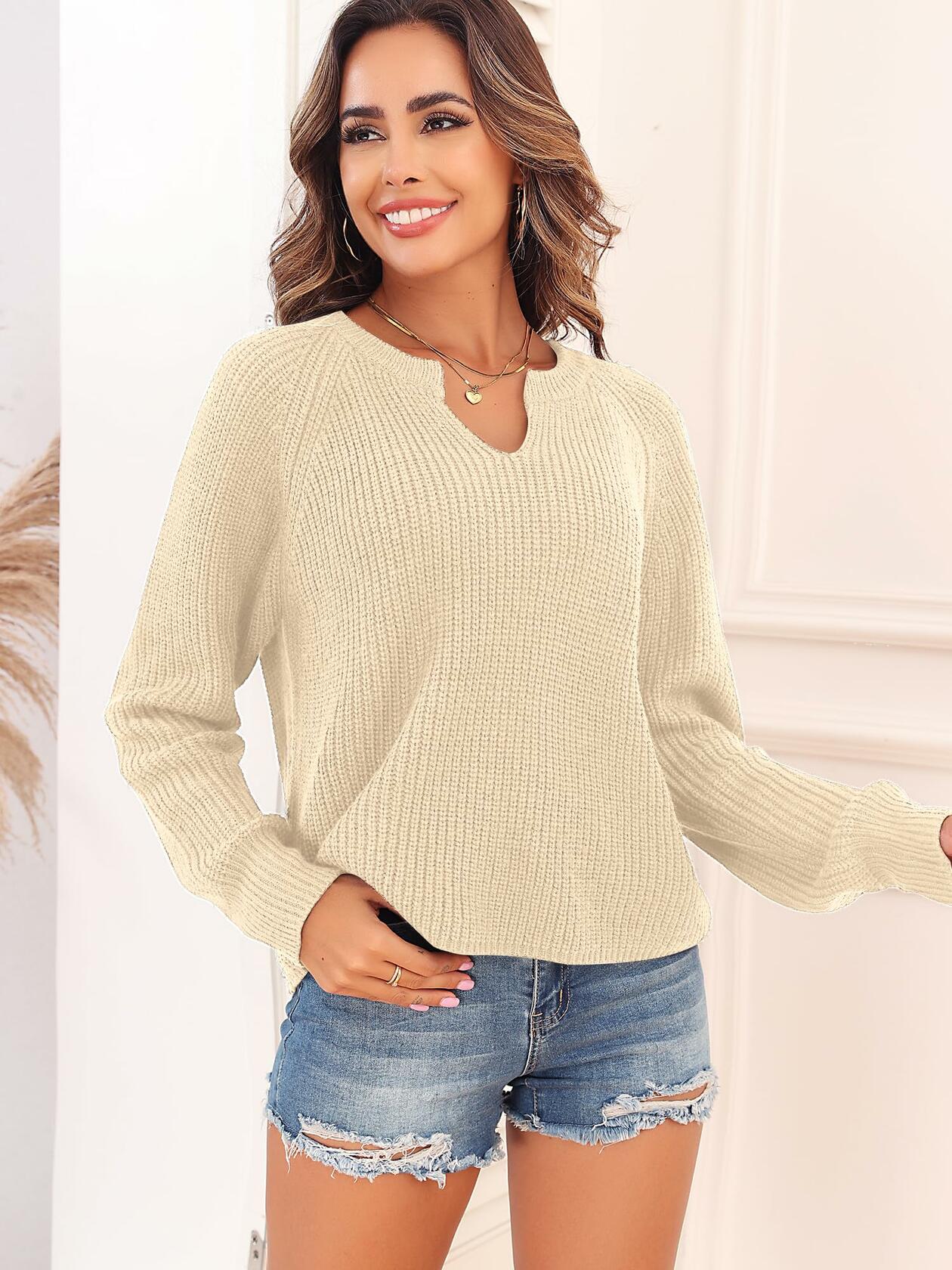 ZAFUL Apricot Ribbed Knit V Neck Long Sleeve Sweater Size M