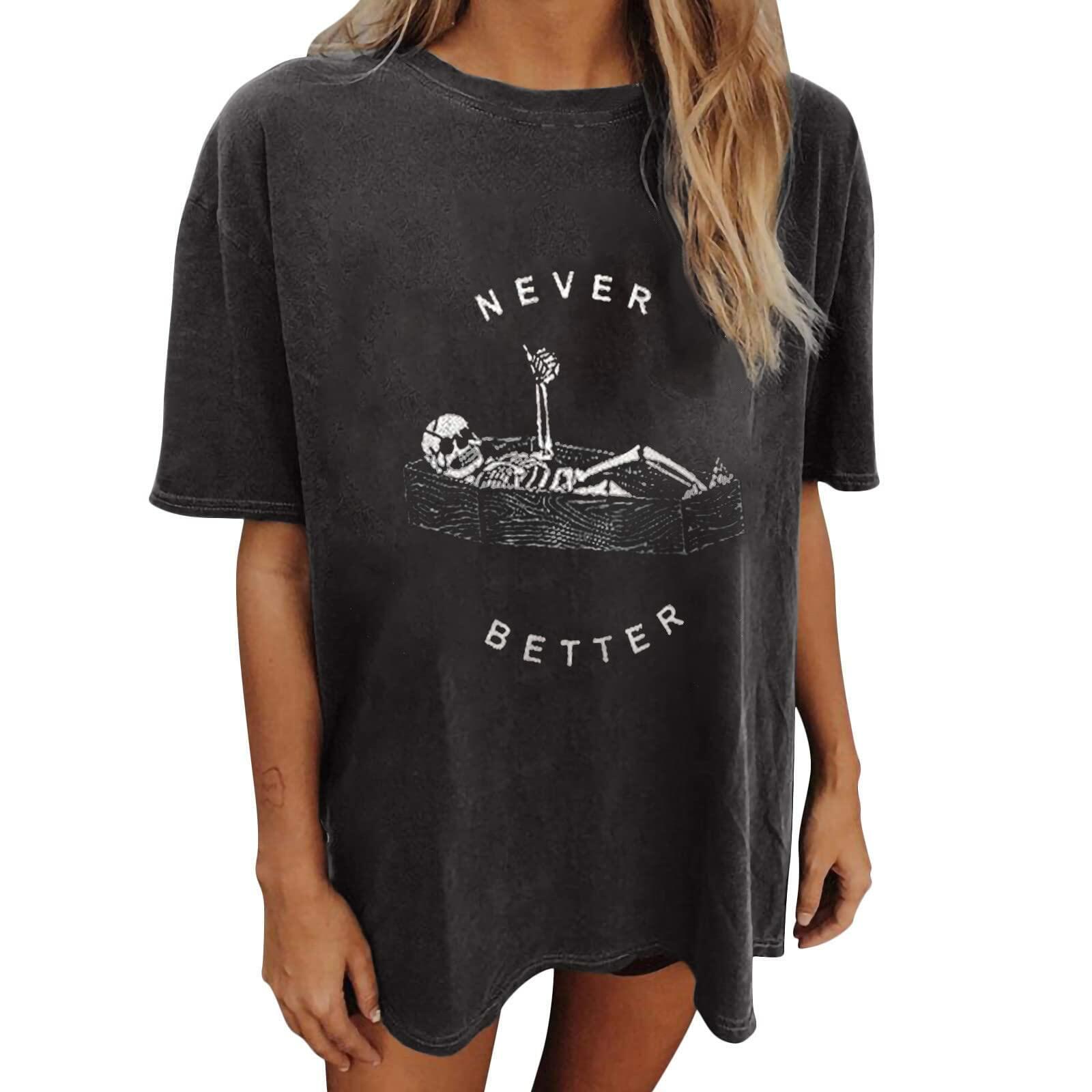 Wukreran Womens Plus Size Skeleton Skull Graphic Tee Short Sleeve Vintage