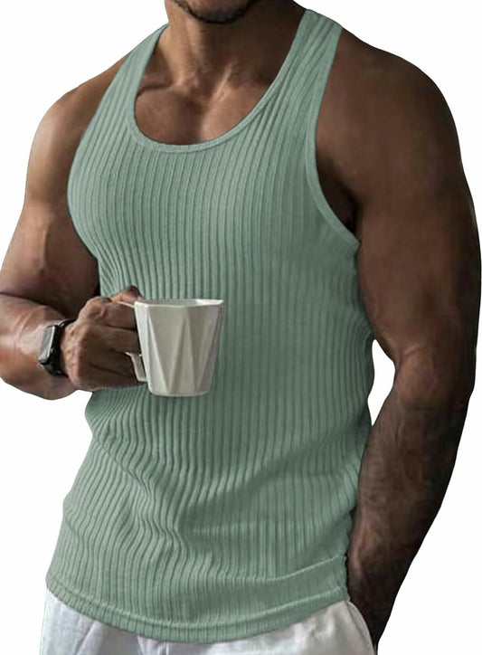 COZYEASE Men's Rib Knit Sleeveless Tank Top Green Size X-Large Casual