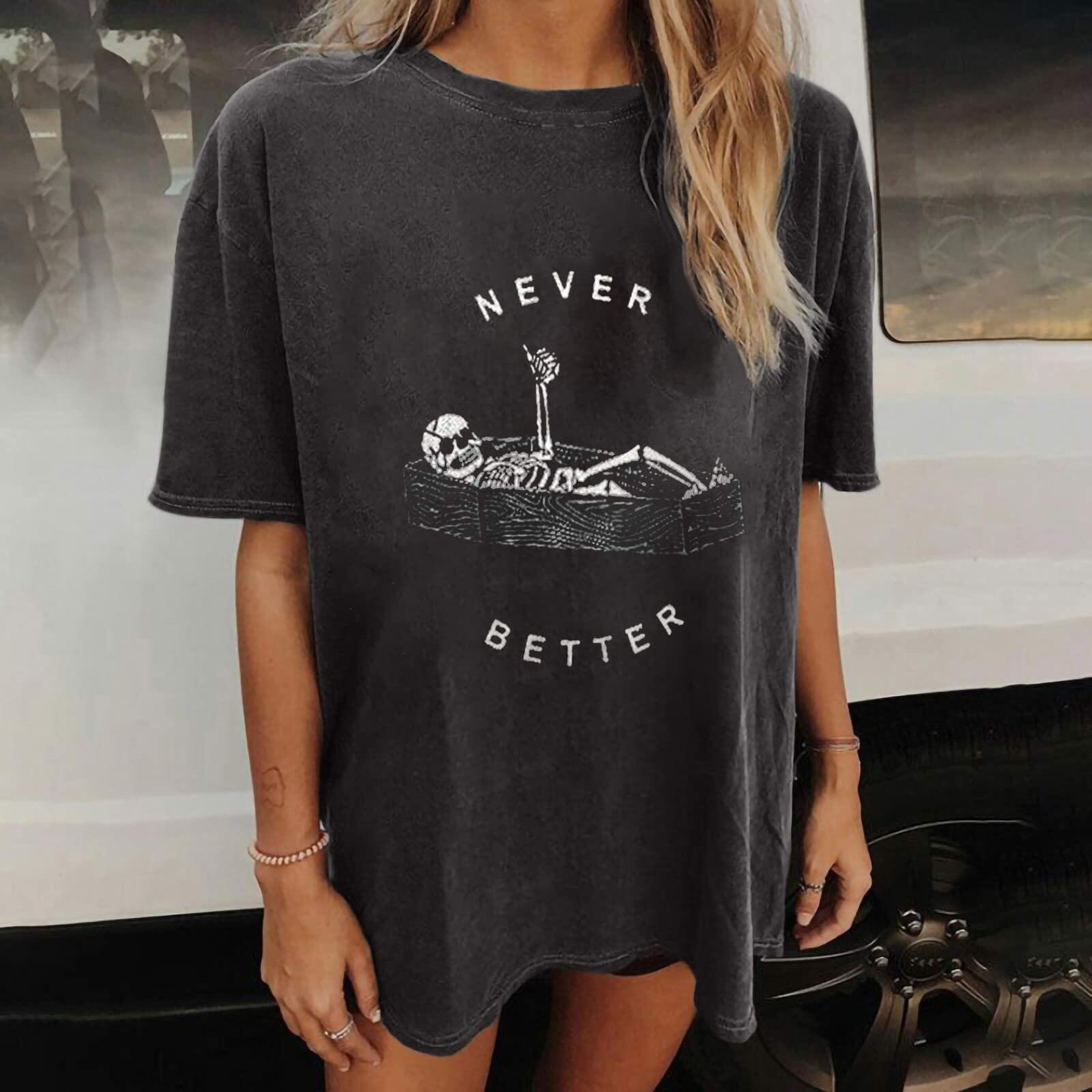 Wukreran Womens Plus Size Skeleton Skull Graphic Tee Short Sleeve Vintage