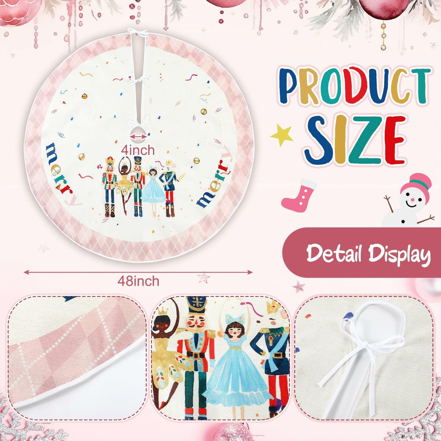Shappy 48" Christmas Tree Skirt Pink Nutcracker Indoor Outdoor Holiday Mat
