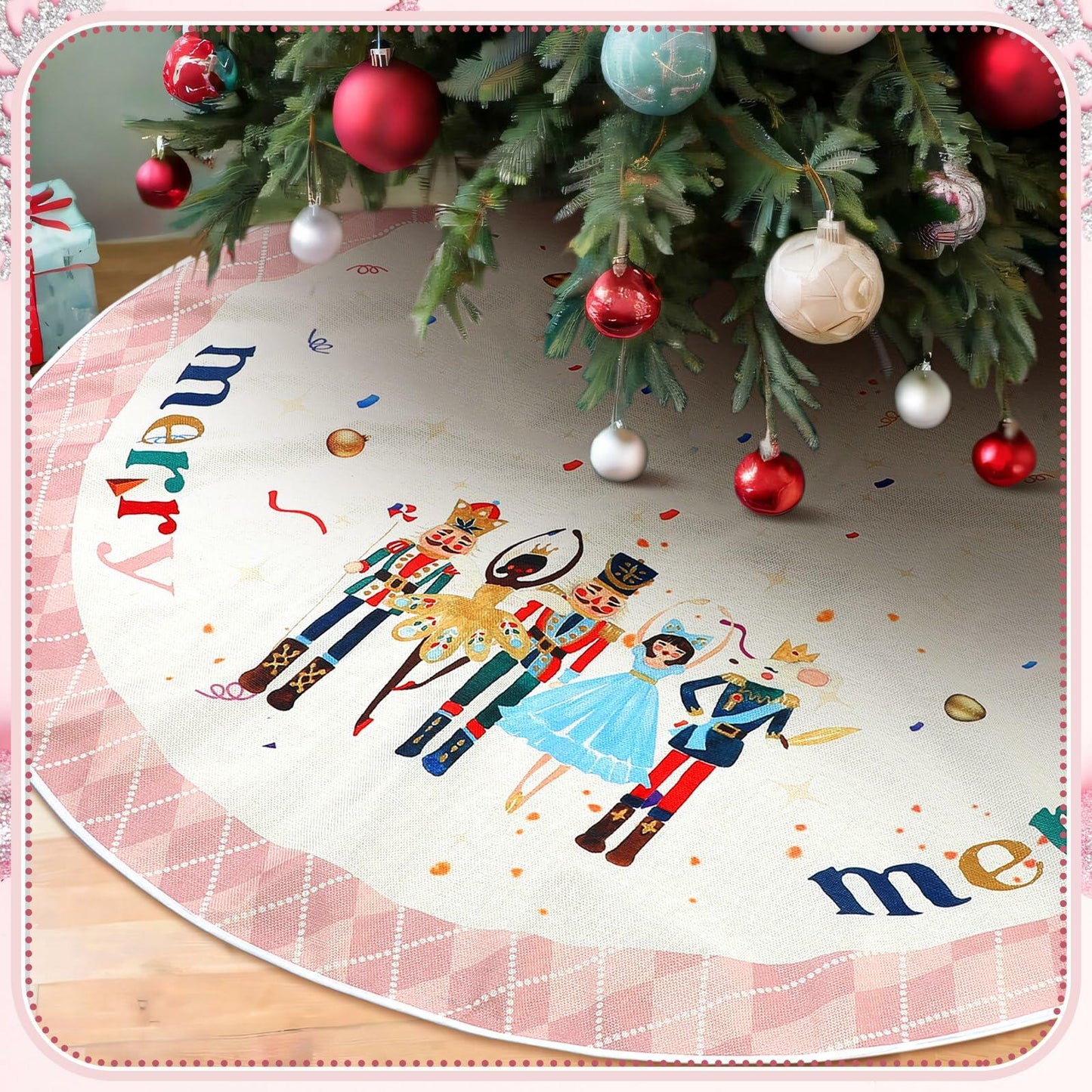 Shappy 48" Christmas Tree Skirt Pink Nutcracker Indoor Outdoor Holiday Mat