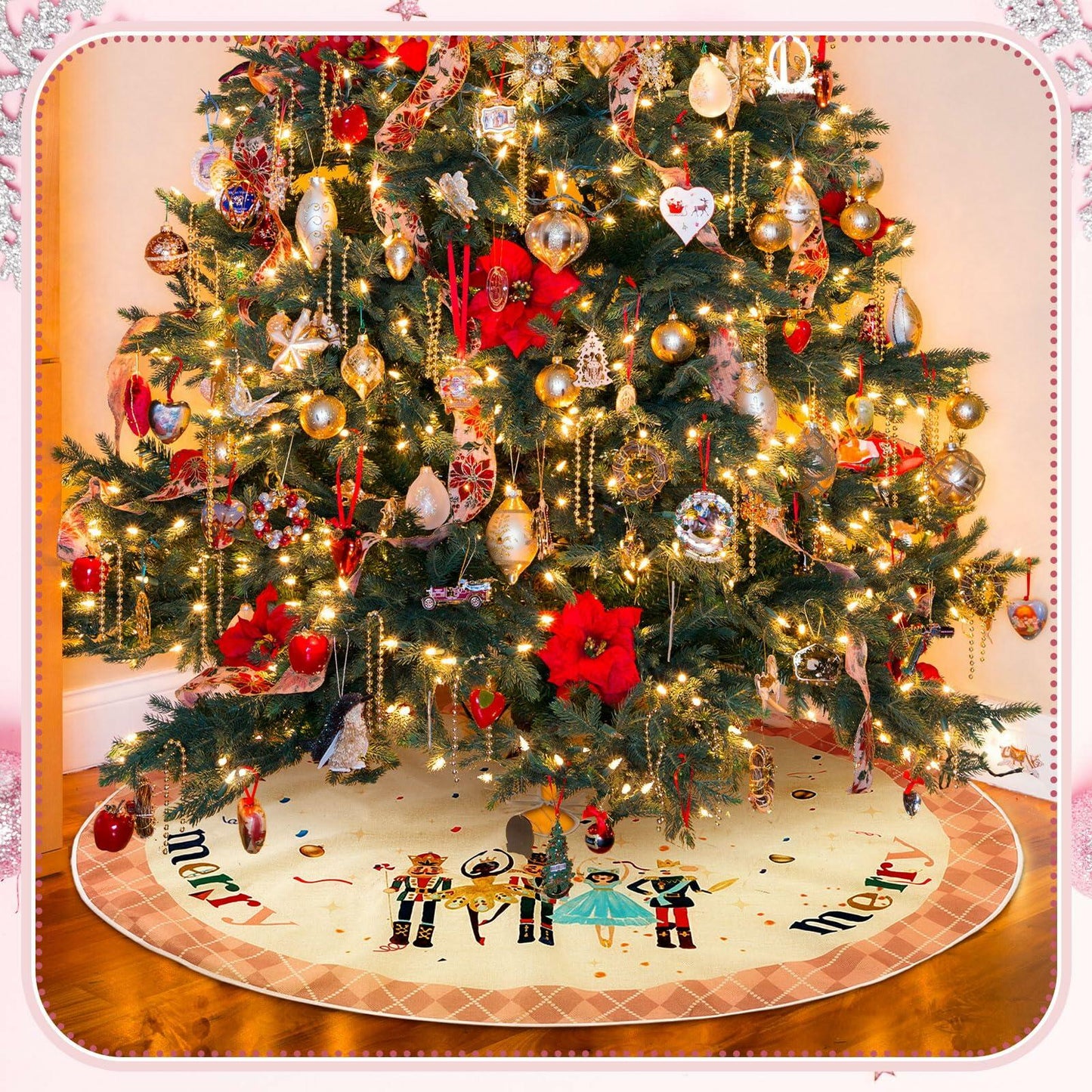 Shappy 48" Christmas Tree Skirt Pink Nutcracker Indoor Outdoor Holiday Mat