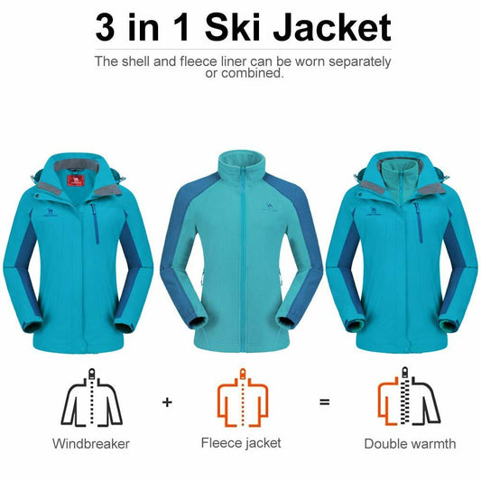 CAMEL CROWN Women's Ski Jacket 3-in-1 Waterproof Windproof Fleece Size M