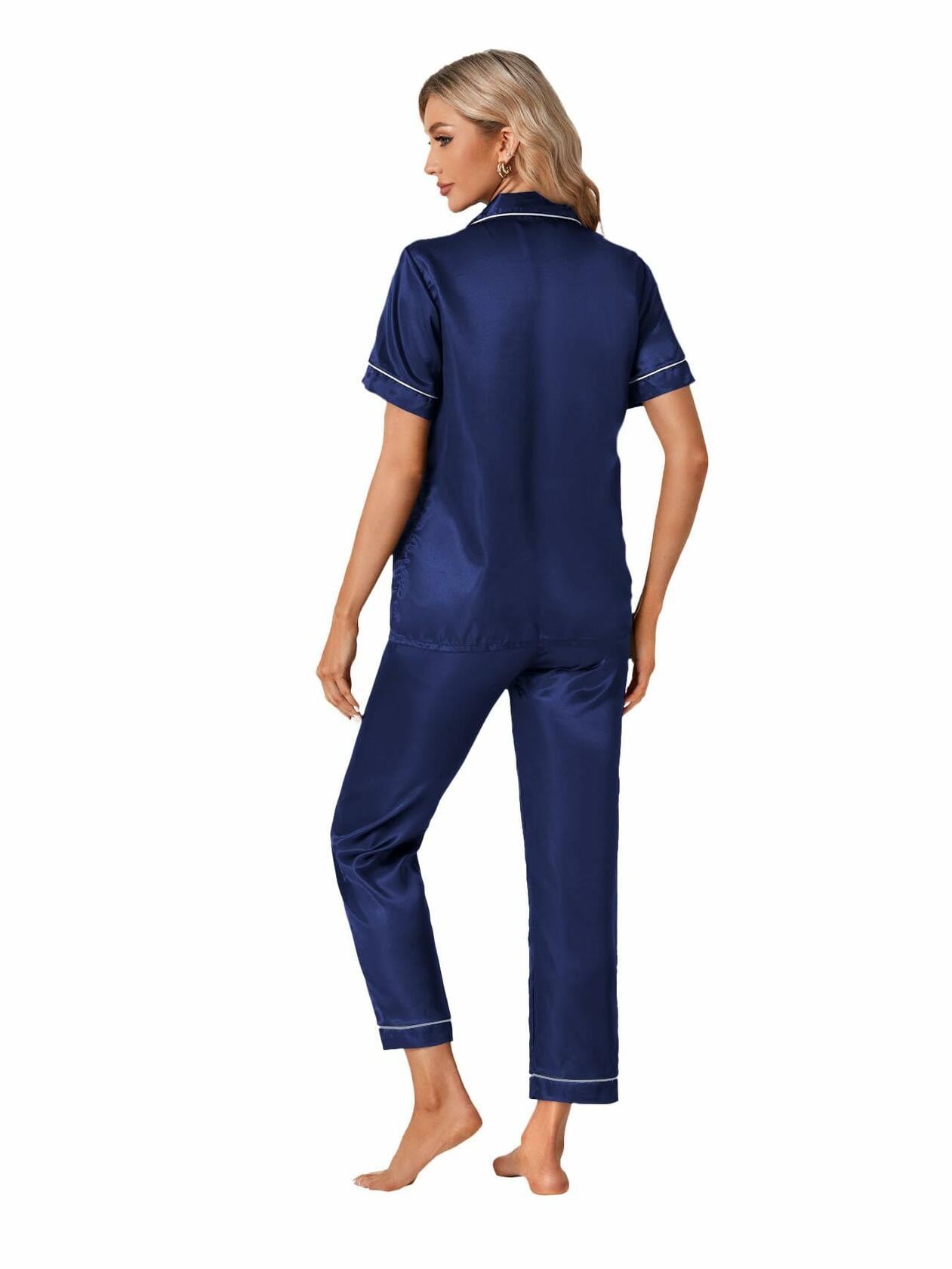 LYANER Women's 4pcs Silk Satin Pajamas Set Short Sleeve Cami Black Large