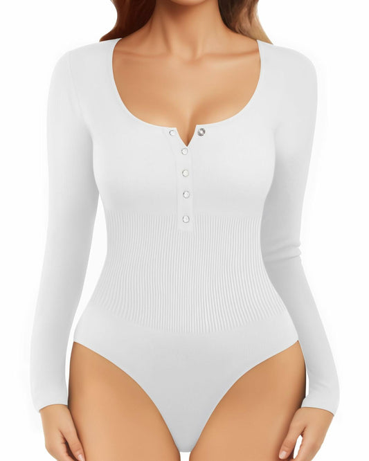 MANGOPOP Ribbed Long Sleeve Bodysuit Thong Seamless Tummy Control Size M