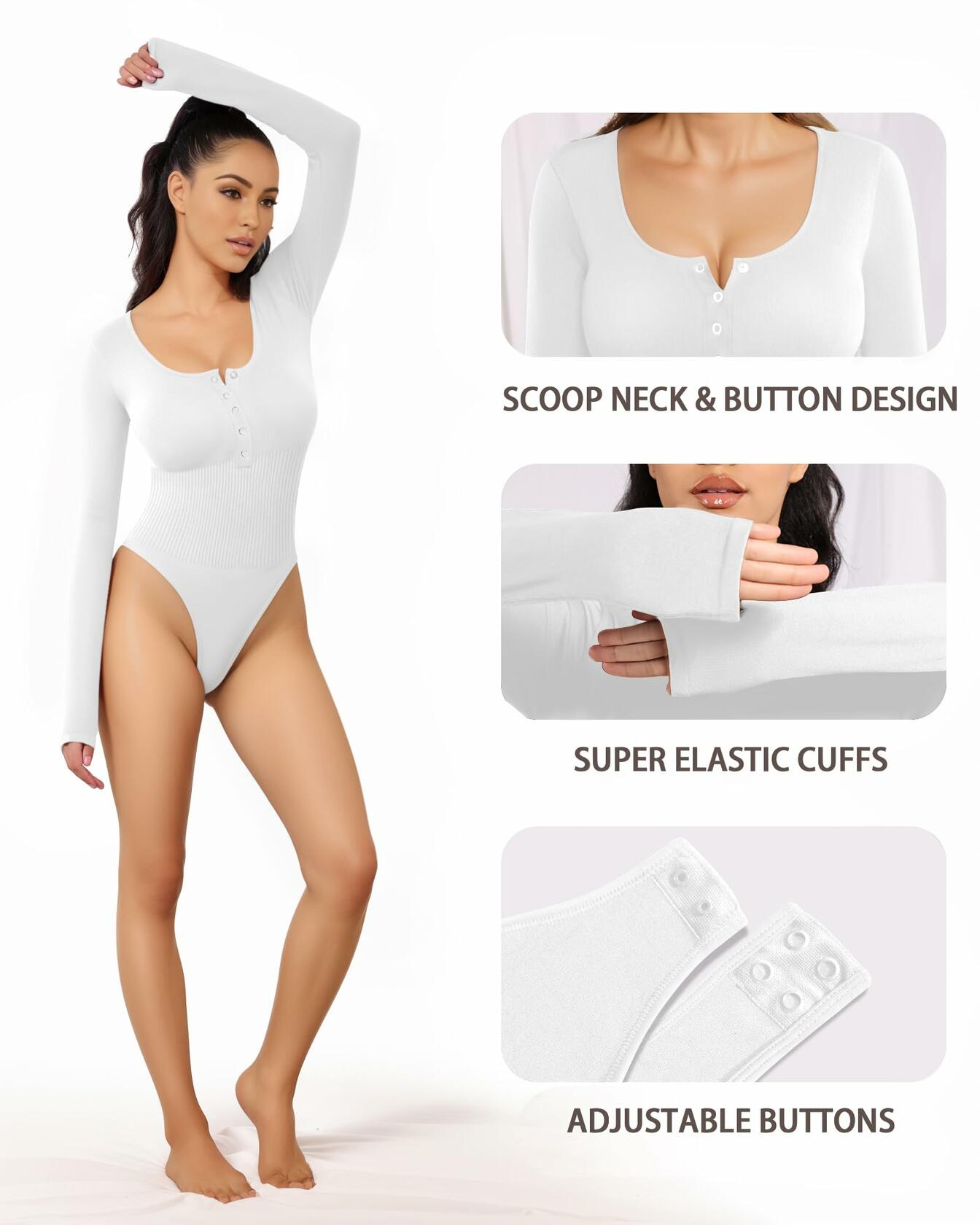 MANGOPOP Ribbed Long Sleeve Bodysuit Thong Seamless Tummy Control Size M