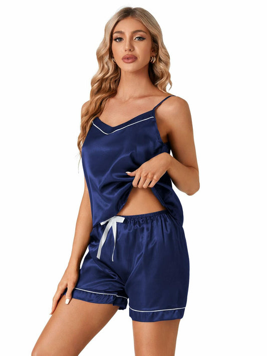 LYANER Women's 4pcs Silk Satin Pajamas Set Short Sleeve Cami Black Large