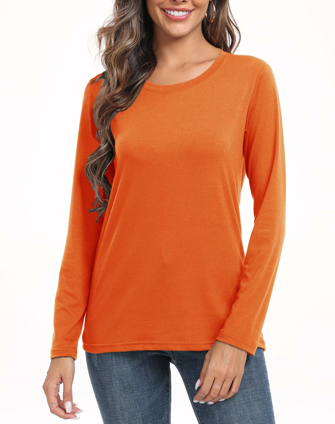 PRIMODA Women's Long Sleeve Shirt Orange S Cotton Blend Crew Neck Basic