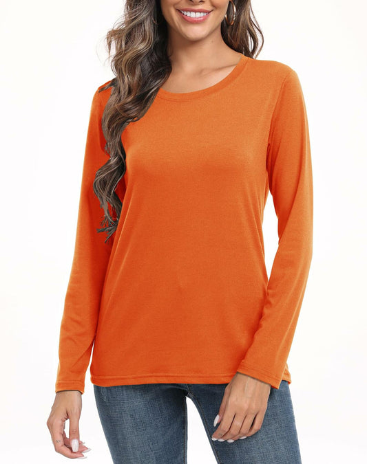 PRIMODA Women's Long Sleeve Shirt Orange S Cotton Blend Crew Neck Basic