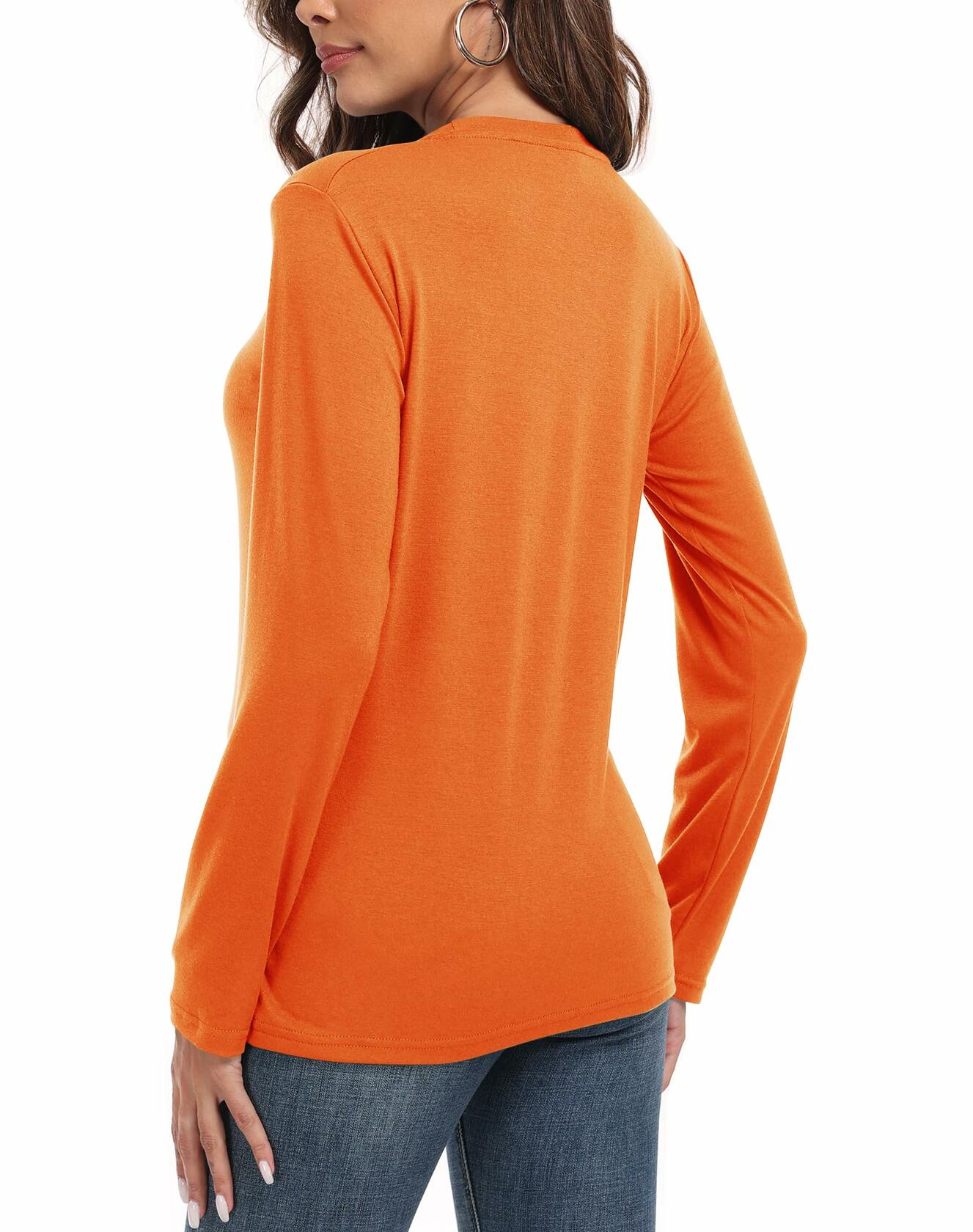 PRIMODA Women's Long Sleeve Shirt Orange S Cotton Blend Crew Neck Basic