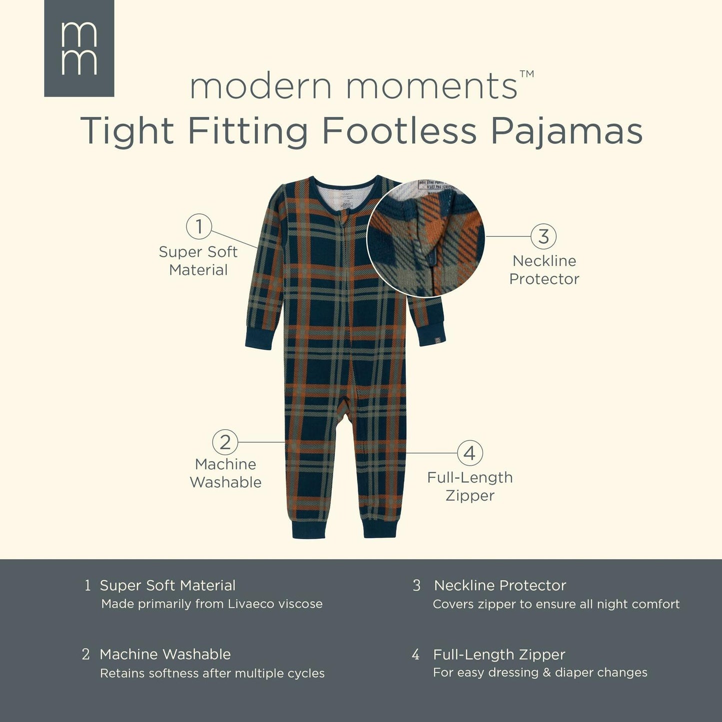 Gerber Modern Moments Baby Hacci Footless Pajamas Navy Plaid 3T