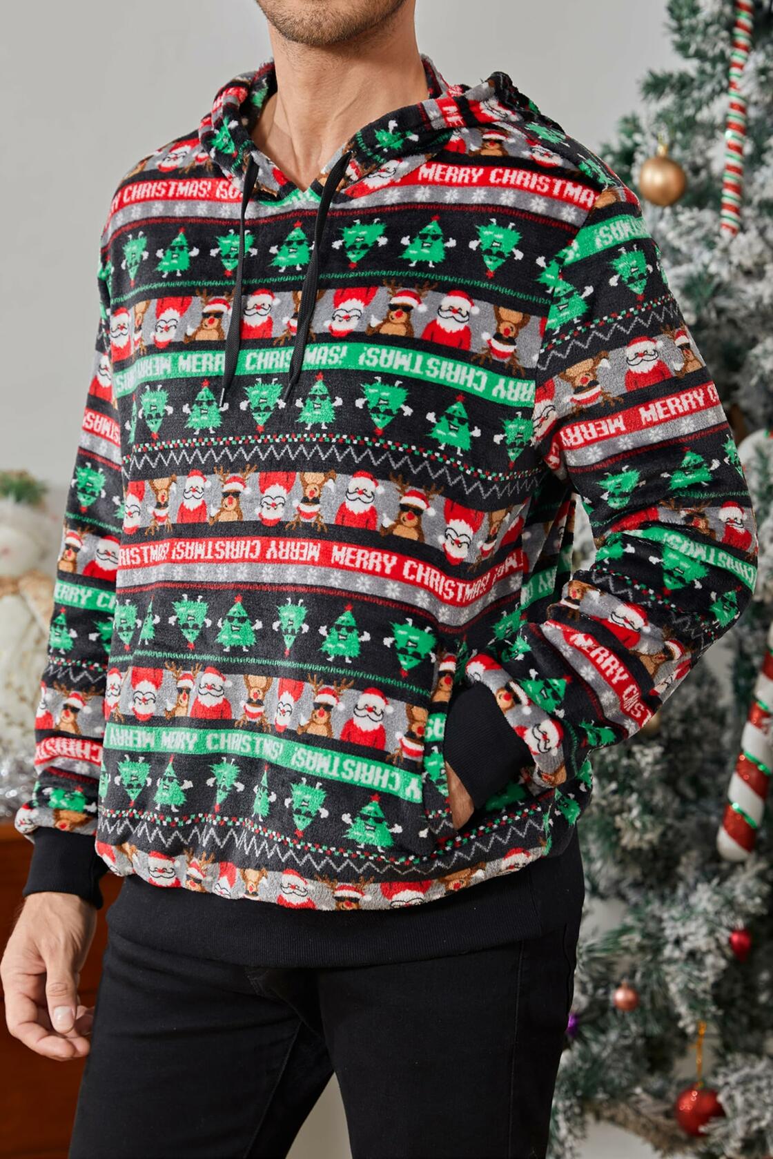 Runcati Mens Green Ugly Christmas Sherpa Hoodie Pullover Sweatshirt