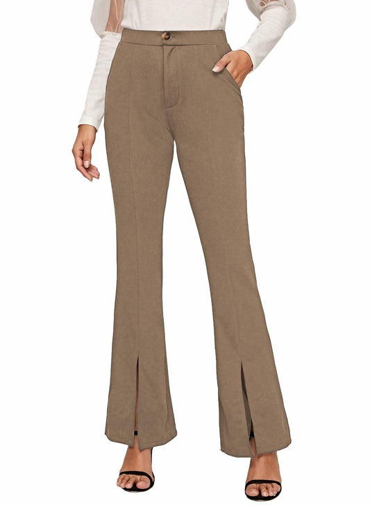 EVALESS Women's Khaki High Waisted Stretchy Flared Work Pants Medium