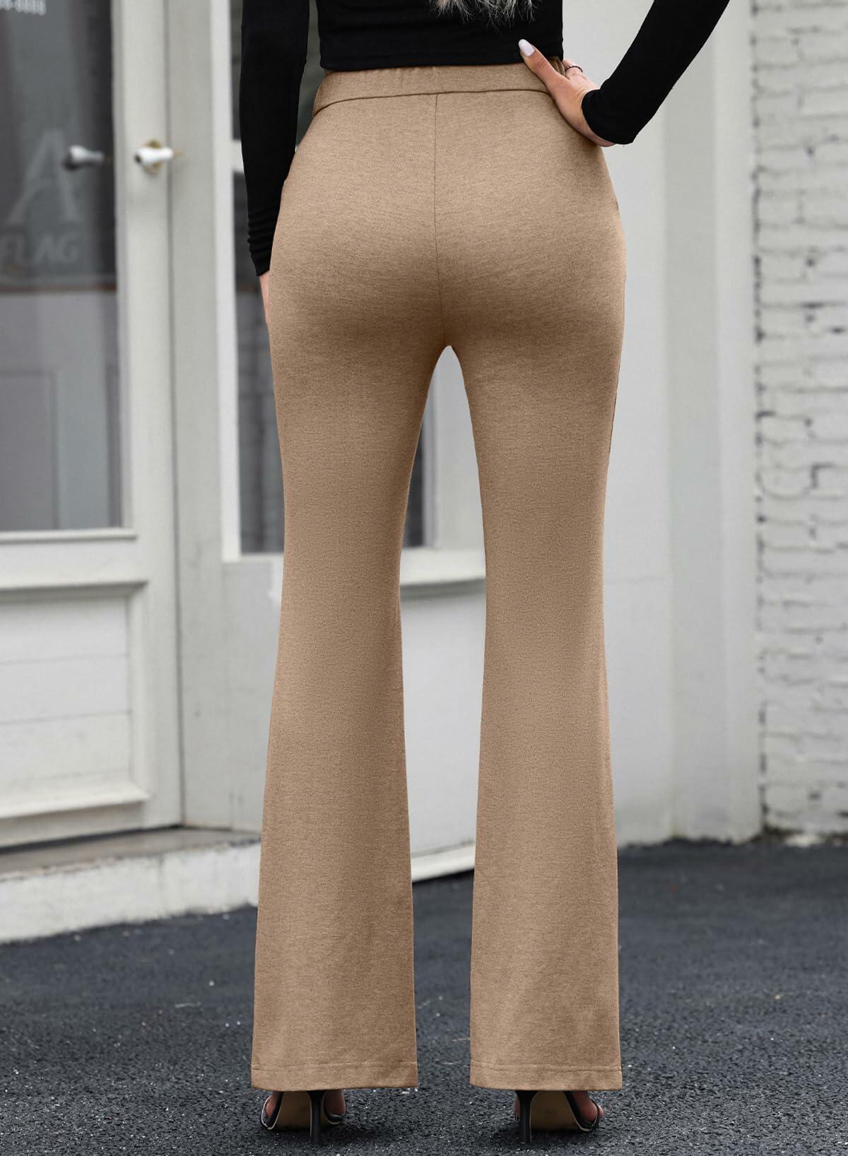 EVALESS Women's Khaki High Waisted Stretchy Flared Work Pants Medium