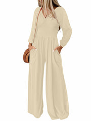 Tanou 2024 Women's Rose Red Smocked Long Sleeve Jumpsuit Romper L