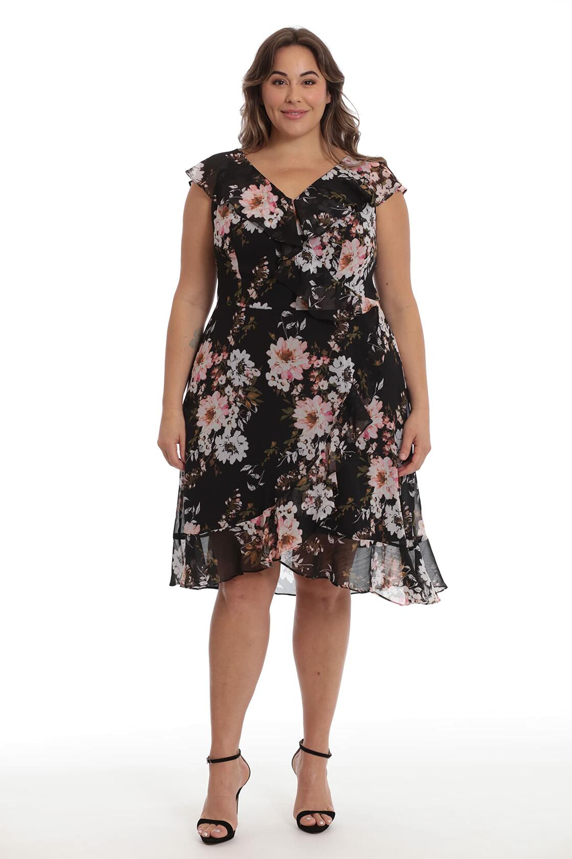 London Times Women's Chiffon Dress Black Blush Above Knee Ruffle Occasion