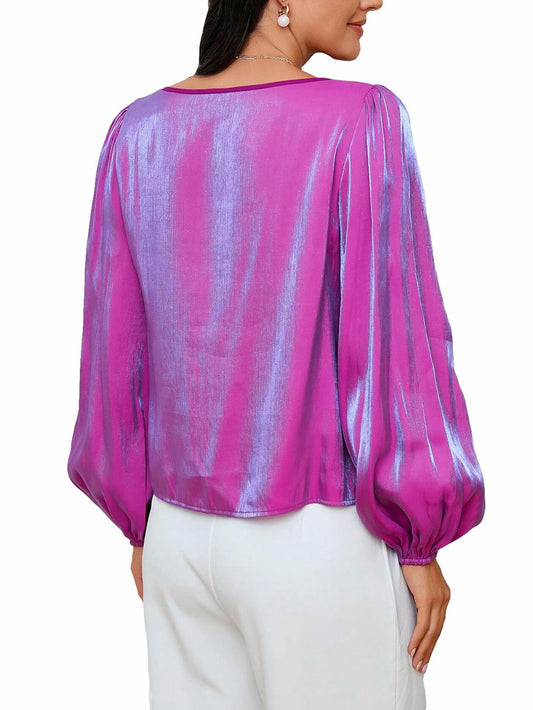 MakeMeChic Women's Satin Lantern Sleeve Round Neck Blouse Purple S Long Sleeve