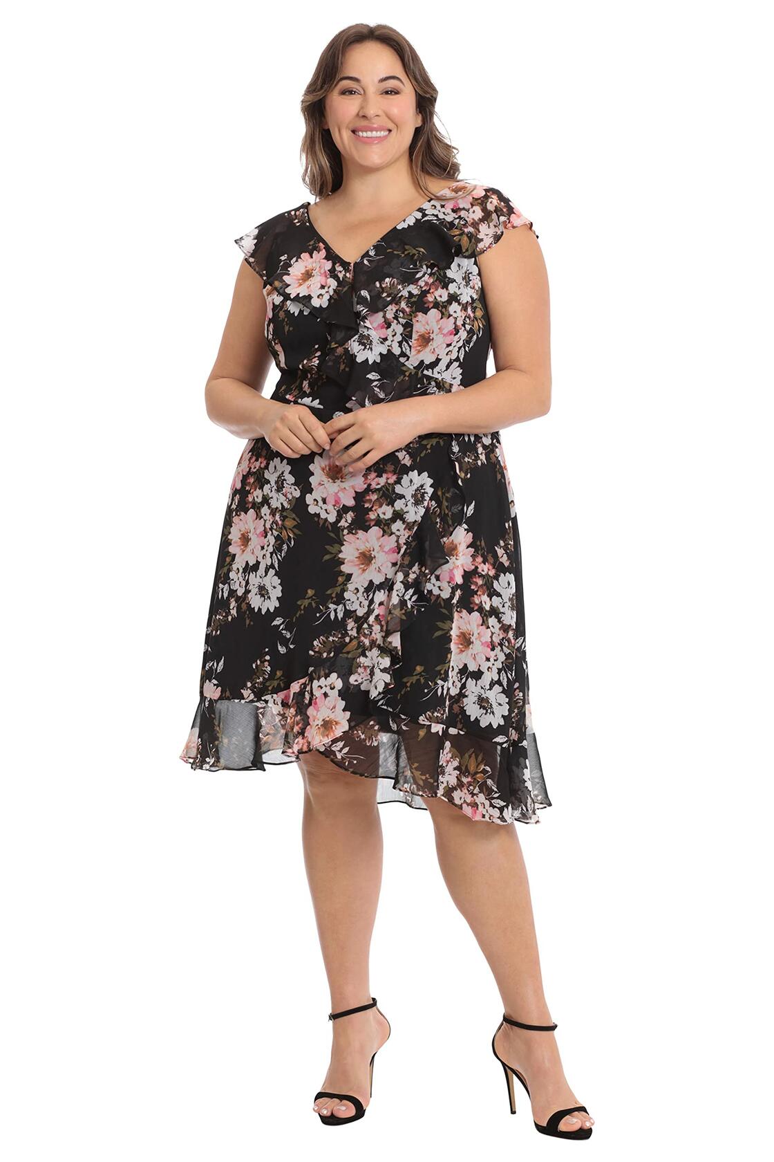 London Times Women's Chiffon Dress Black Blush Above Knee Ruffle Occasion