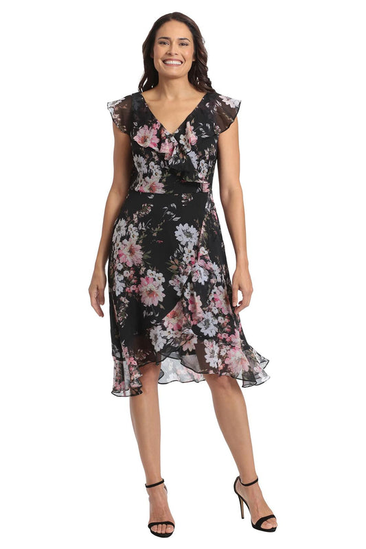 London Times Women's Chiffon Dress Black Blush Above Knee Ruffle Occasion