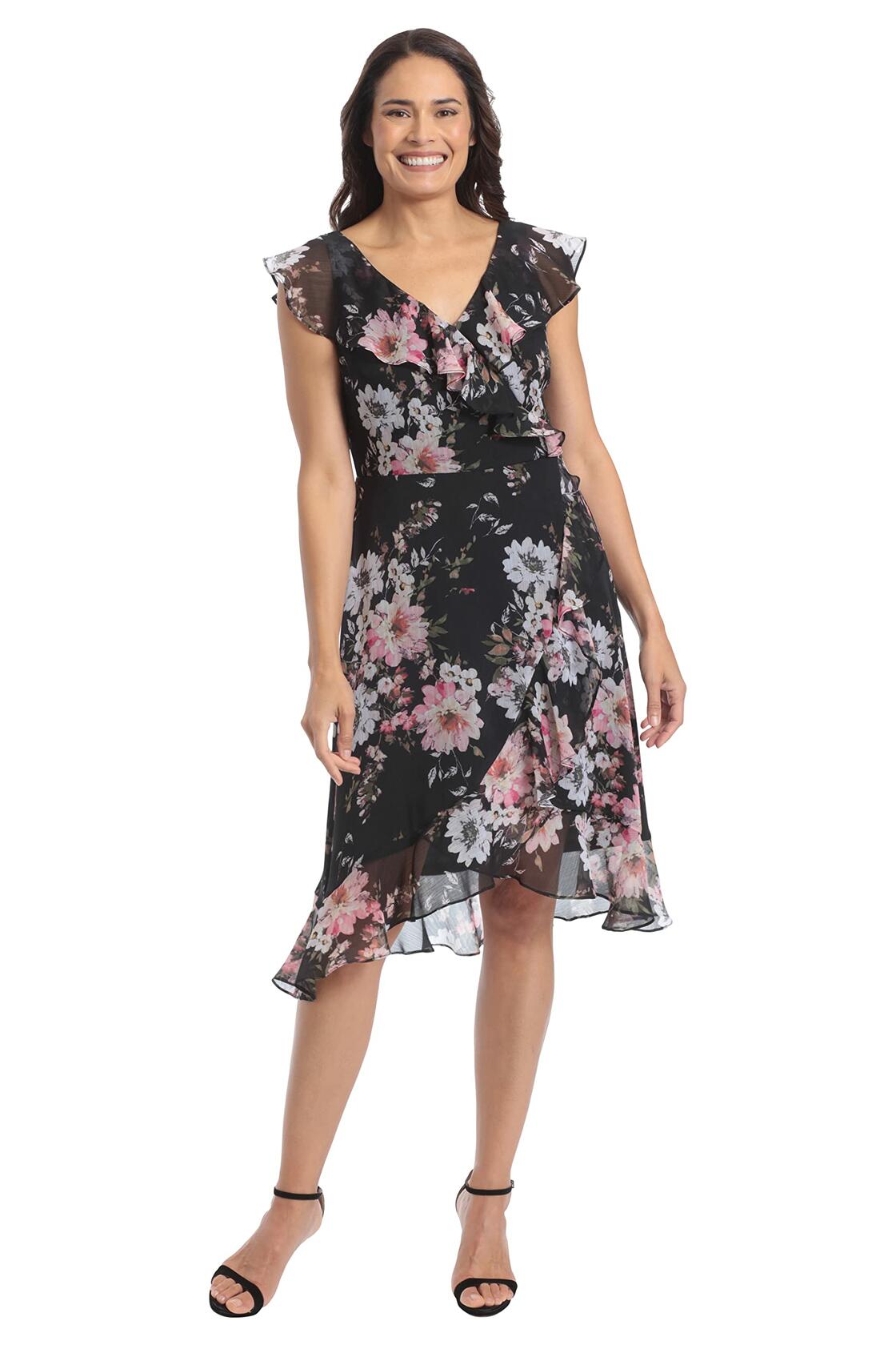 London Times Women's Chiffon Dress Black Blush Above Knee Ruffle Occasion