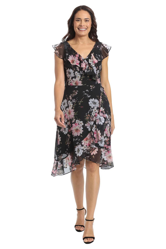 London Times Women's Chiffon Dress Black Blush Above Knee Ruffle Occasion