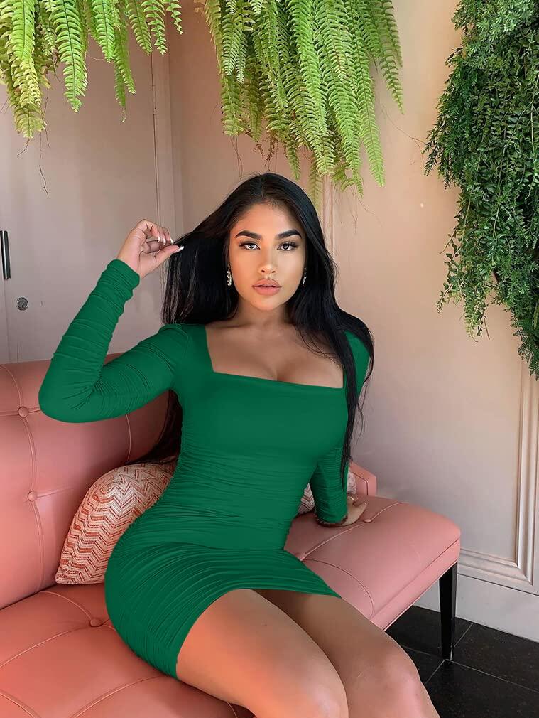XXTAXN Women's Sexy Bodycon Long Sleeve Backless Party Mini Dress Green Size M