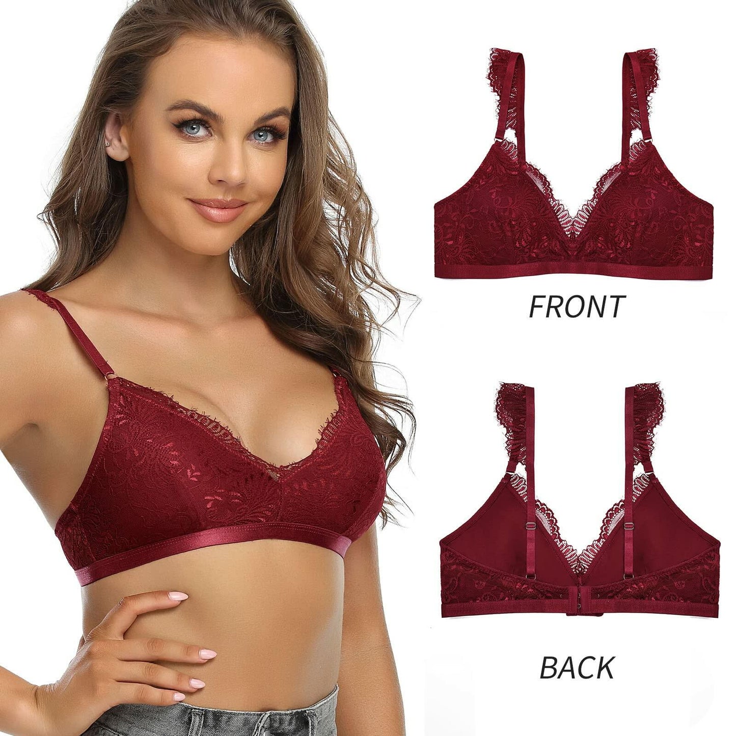 SHEKINI Wireless Padded Lace Bralette Women Size M Wine Red Wireless Bra