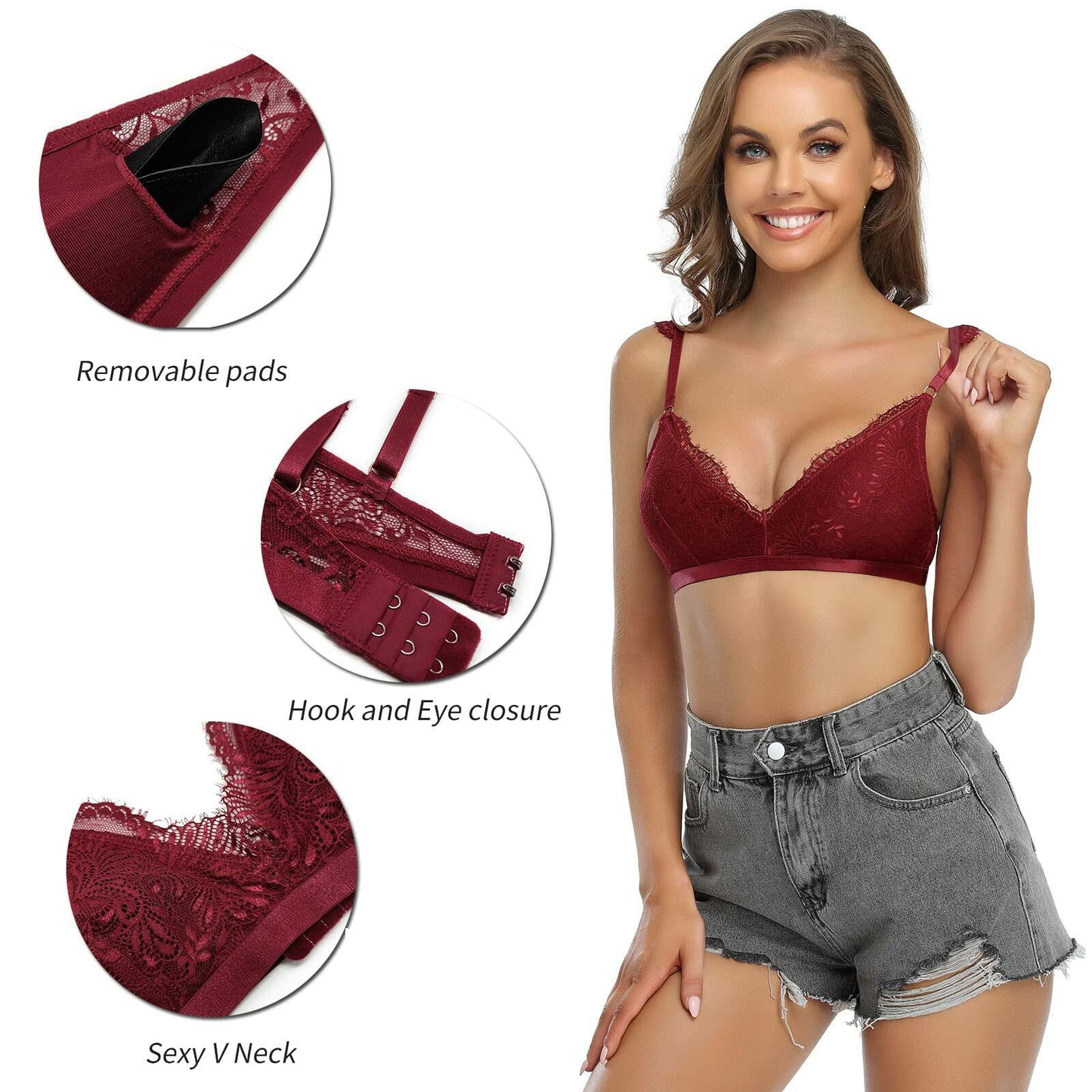 SHEKINI Wireless Padded Lace Bralette Women Size M Wine Red Wireless Bra