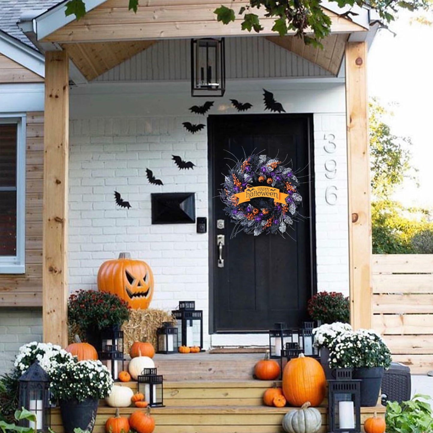 22in Glitter Pumpkin Spider Wreath Black Orange Berries Halloween Decor